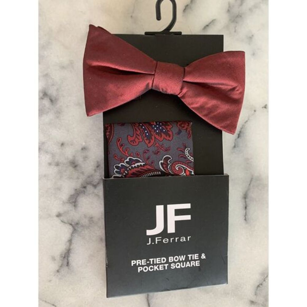 JF J Ferrar Pretied Bow Tie Bowtie Pocket Square Maroon Gray Adjustable MSRP $40